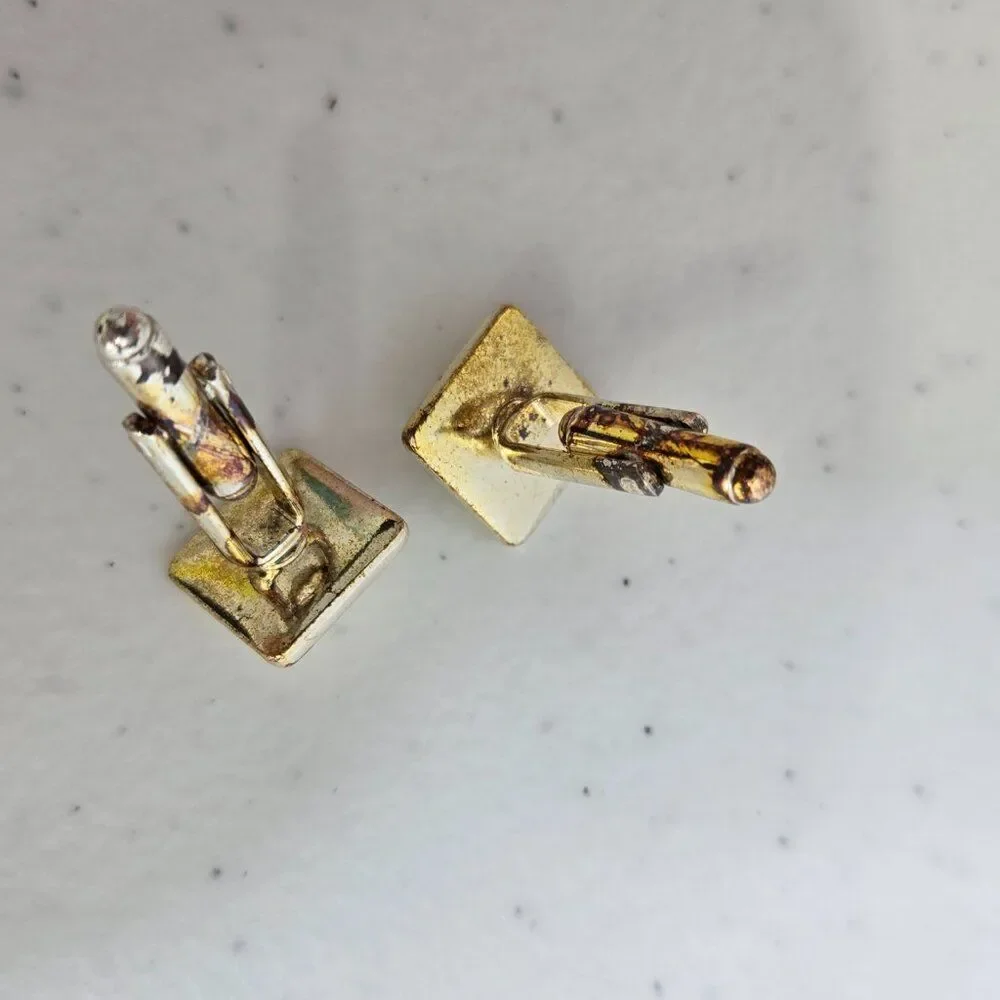 Cufflinks Gold Tone Vintage MCM Clear Rhinestone Basic Square Silver Tone